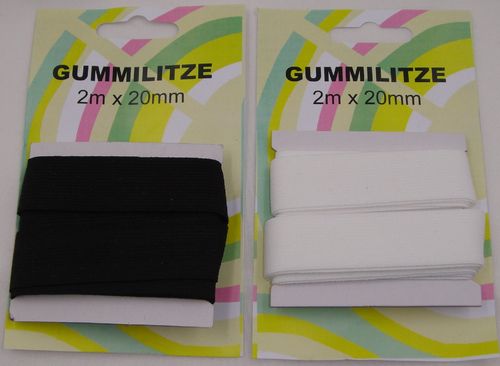 Gummi Gummilitze 20 mm x 2 m auf Karte weiß oder schwarz